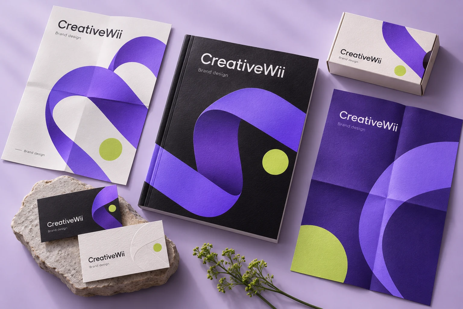 CreativeWii brand identity concept with violet stationery, business cards and packaging.