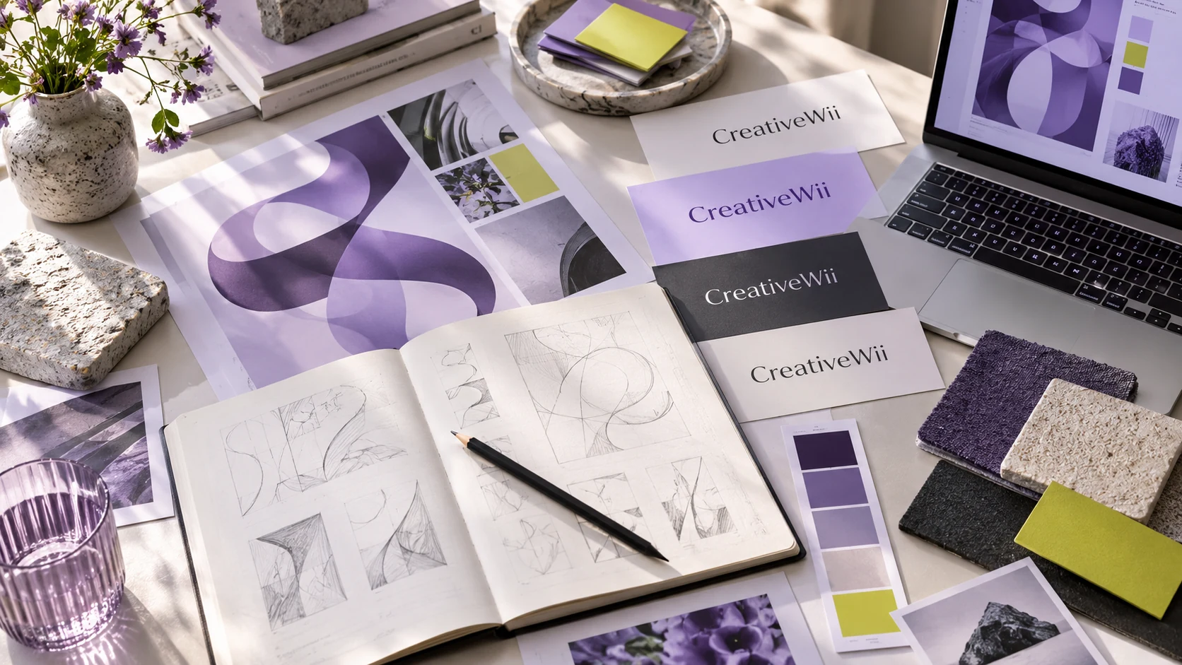Creative process illustration: violet color swatches, graphic layout studies and a sketchbook on a designer’s table.