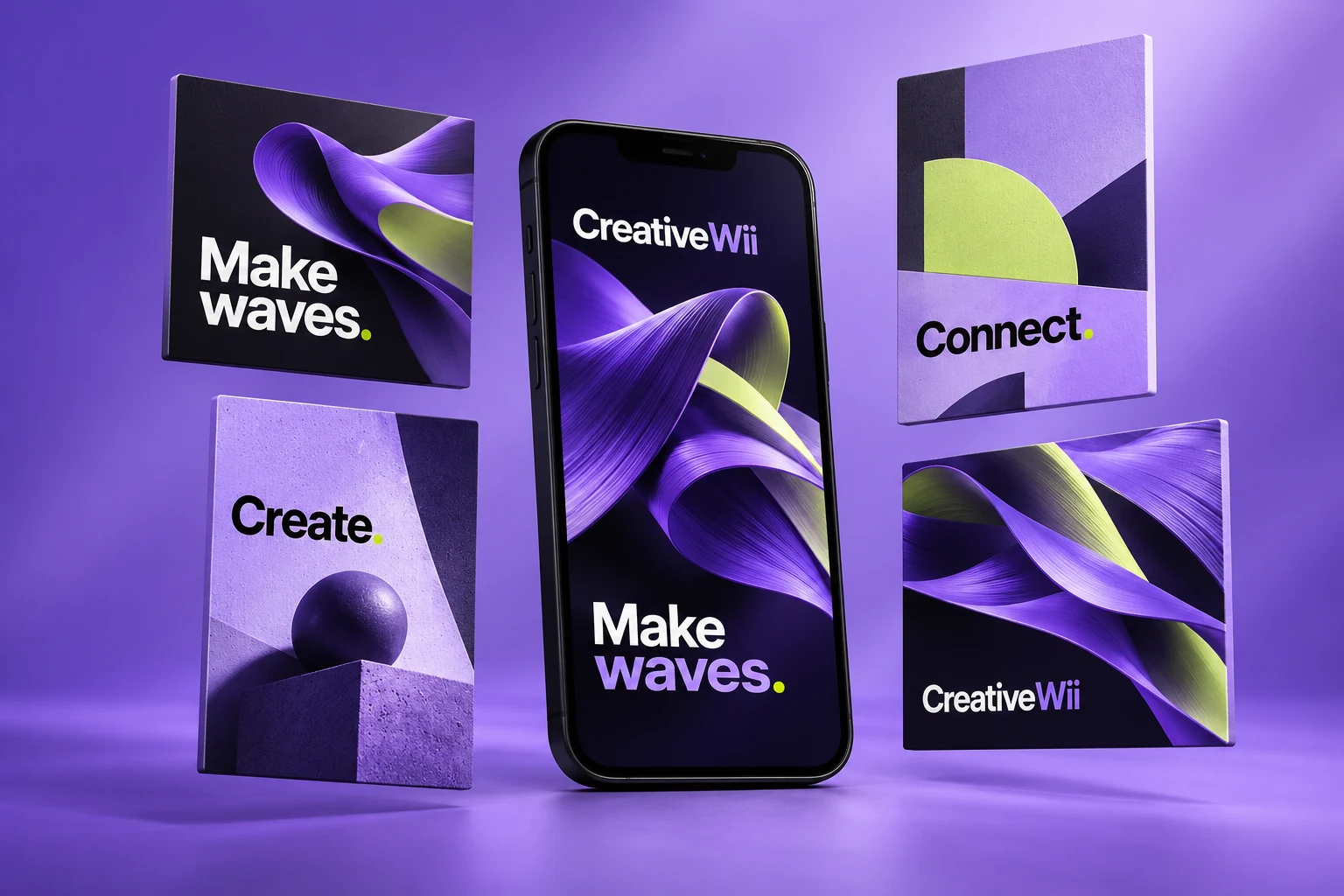Violet CreativeWii social campaign concepts shown across a phone and a series of graphic posts.